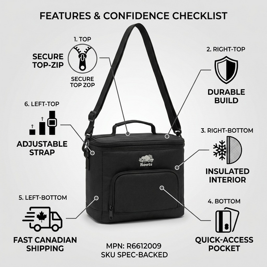 PDP visual matrix showing a Roots Rts Coated Poly Top Zip Cooler with five icons and short text bubbles for features like insulated material, top sip accessibility, and durable build.