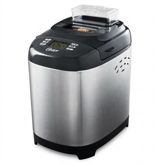 Oster ExpressBake Bread Maker 2.0 lb Capacity in Stainless Steel/Black, centered on a white background.