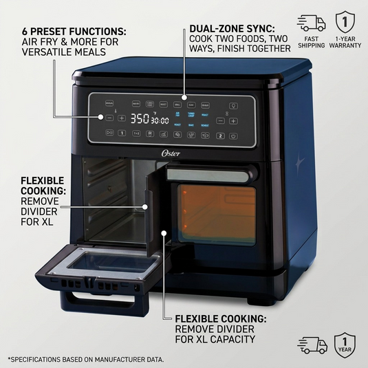 An ecommerce graphic of the Oster Flex Air Fryer with feature callouts for flexible dual cooking zones.