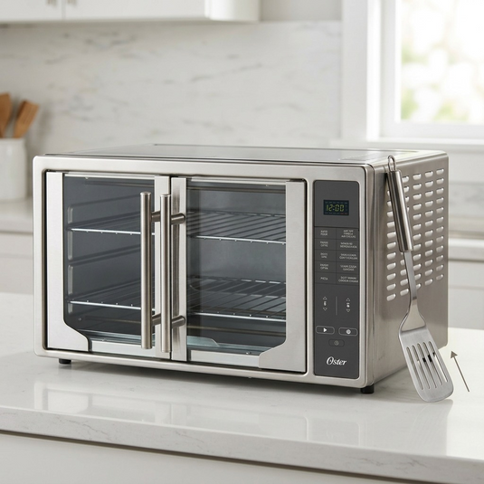 '- A photograph showing the size of the Oster oven relative to a common kitchen spatula. -