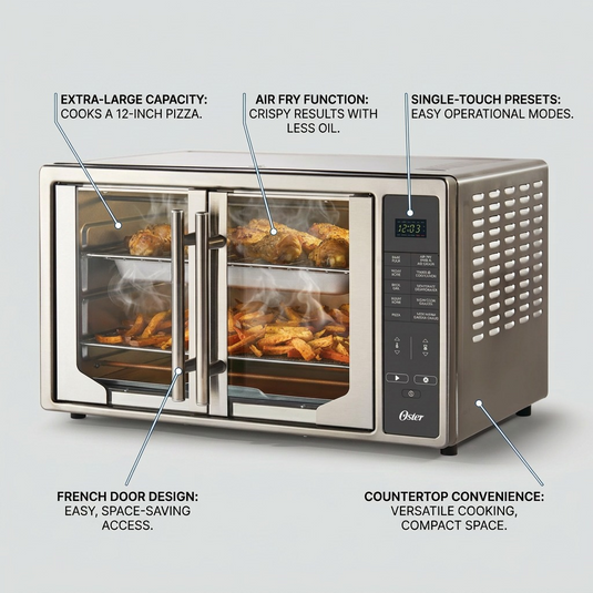 Oster Digital French Door Air Fry Countertop Oven feature callout graphic with internal food and text overlays.