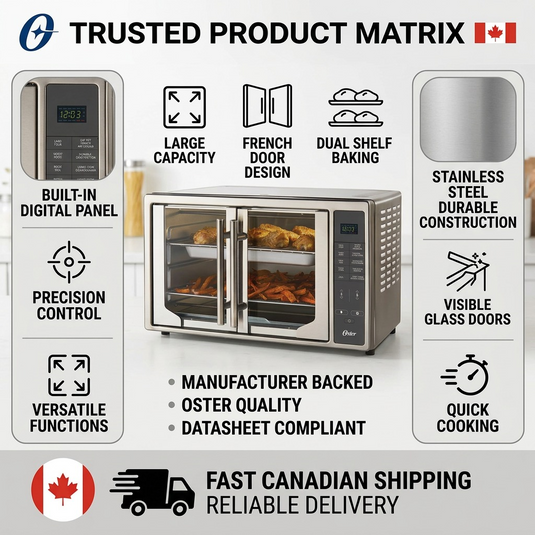 An infographic showing the Oster Digital French Door Air Fryer Countertop Oven with surrounding icons and text highlights.