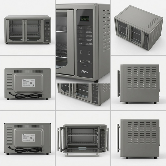 A six-panel matte grey grid (2 rows, 3 columns) displaying the specific Oster French Door Air Fry Countertop Oven from various angles on a white background. No text or additional logos.