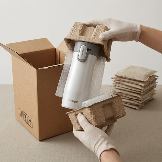 A clean unboxing scene showing the Contigo travel mug emerging from protective paper pulp molded inserts.