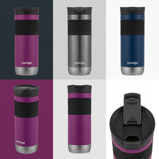 A vector-style grid matrix showcasing multiple variants of the Contigo 20oz travel mug from different angles.