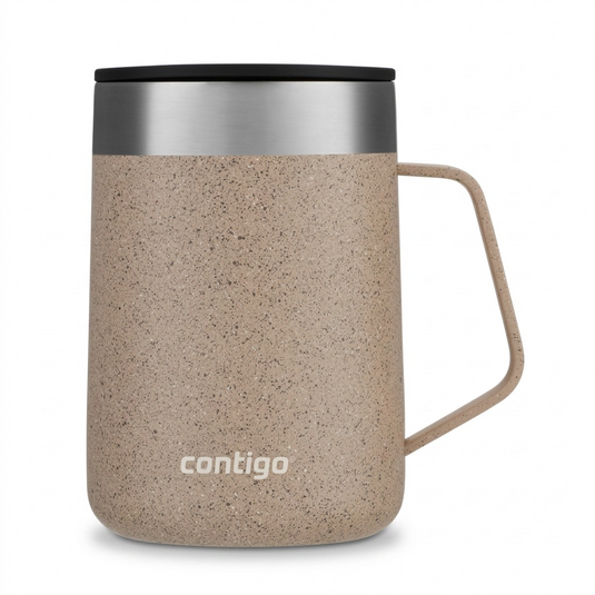 A high-resolution product shot of the 14oz Contigo Streeterville mug in Brown Sugar Speckle against a clean, white background.