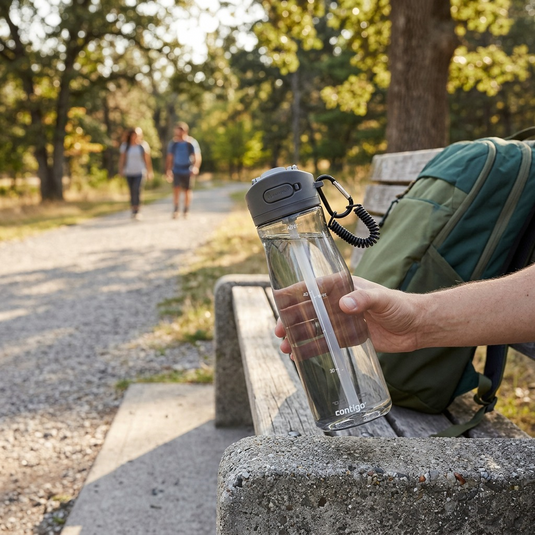 A Contigo Ashland 2.0 water bottle sits on a park bench.