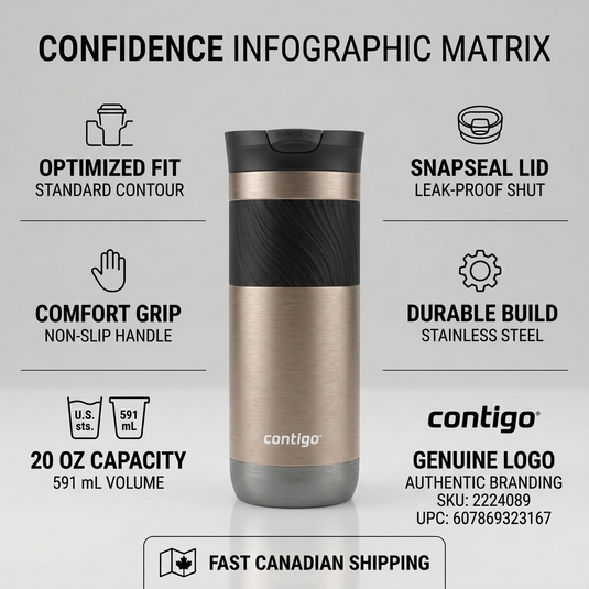 Factual confidence infographic for Contigo Byron 2.0 mug with key features and specs.