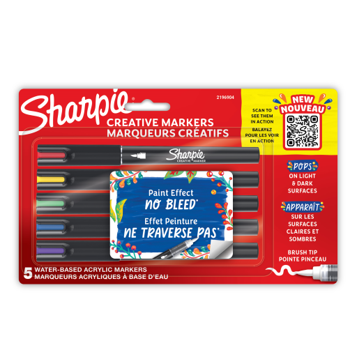 Marqueurs créatifs Sharpie, marqueurs acryliques à base d'eau, pointe pinceau, couleurs assorties, lot de 5