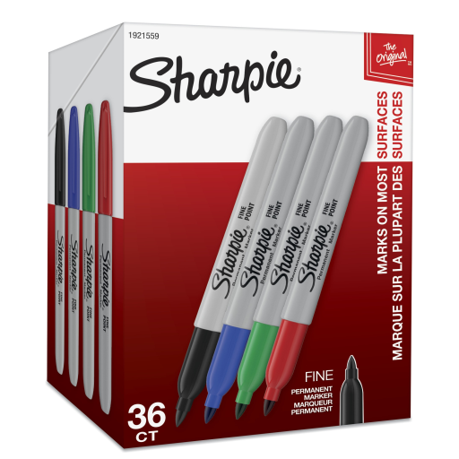 Marqueurs permanents Sharpie, pointe fine, couleurs assorties, paquet de 36