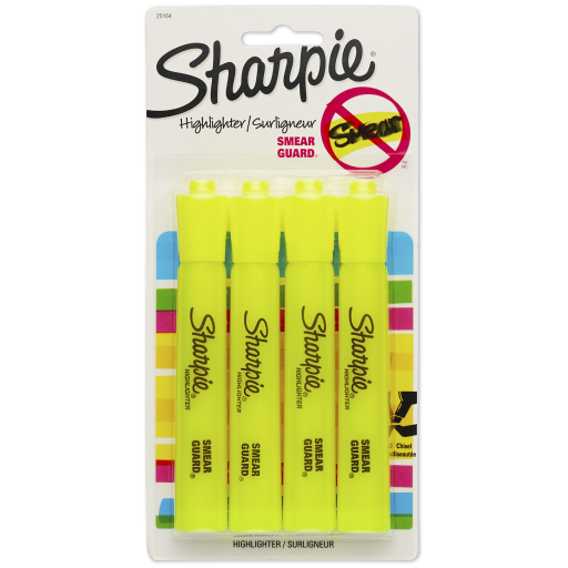 Surligneurs Sharpie Tank, Pointe Biseautée, Jaune, Paquet de 4