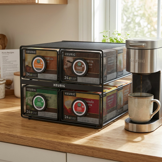 Lifestyle photo of Keurig Mesh Pod Storage with K-Cups in a cozy home coffee corner.