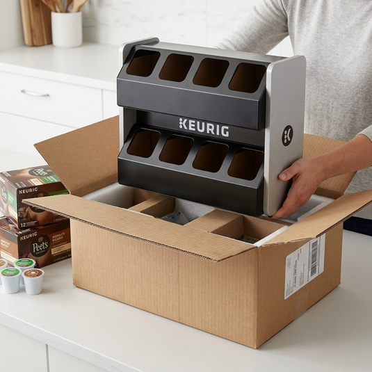Premium unboxing scene showing the Keurig 60-05025 storage shelf protected in a heavy-duty shipping box.