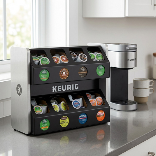 A high-resolution image showcasing the Keurig K-Cup drawer organizer filled with coffee pods on a modern kitchen counter with a coffee maker and mug, under natural light.