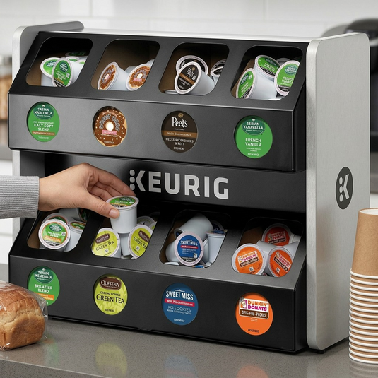 A person stands beside the two-tier Keurig storage shelf in an office breakroom, demonstrating its compact size.
