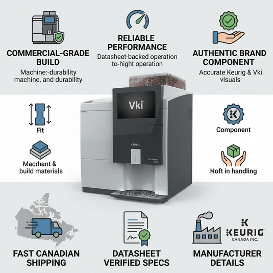 Trust infographic featuring Vki Eccellenza Touch brewer with shipping and spec icons.
