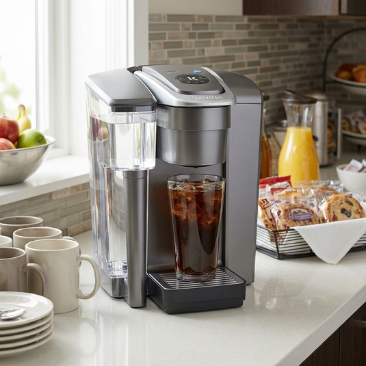 A Keurig K1550 commercial coffee brewer on a hotel continental breakfast station countertop.