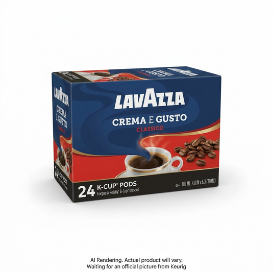 A professional, high-resolution ecommerce hero shot of the Lavazza Crema E Gusto Classico 24 K-Cup Pod box on a pure white background.