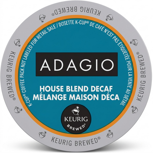 A crisp, high-resolution hero shot of a single Keurig Adagio House Blend Decaf K-Cup, showcasing its specific lid label and grey cup, centered, against a pure white background with realistic lighting and clean shadow.