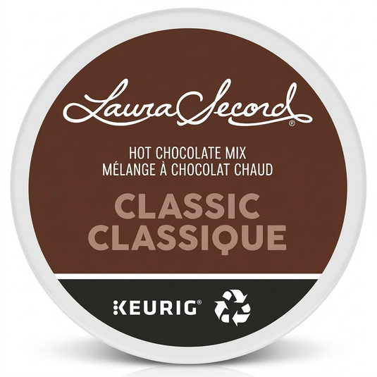 A precise hero shot of the Laura Secord Hot Chocolate K-Cup, showcasing its label and classic flavour.