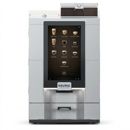 A high-resolution product shot of the stainless steel Keurig Eccellenza Momentum commercial coffee machine with its large touchscreen display.