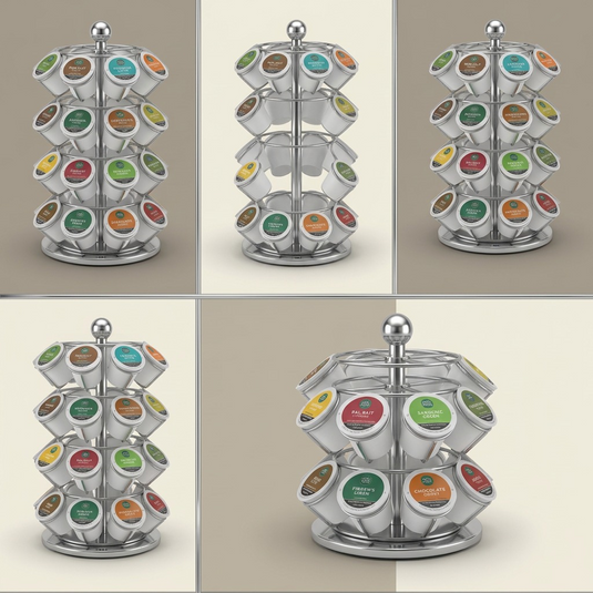 Multi-view matrix of the chrome Keurig K-Cup carousel, displaying different useful angles and loading options.