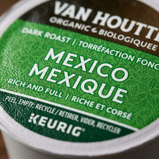 Macro view showing fine print and texture on the Van Houtte Mexico coffee pod foil lid.