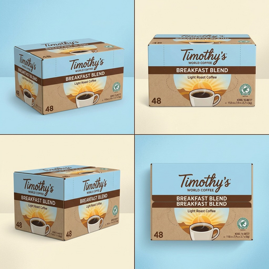 A premium grid showing the Timothy's Breakfast Blend 48Ct box from frontal, side, and top views on a solid background.