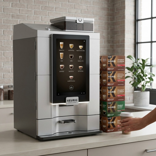 A photograph demonstrating the scale of the Keurig Eccellenza Momentum, a large commercial brewer, standing beside an office desk and a stack of standard-sized Keurig K-Cup boxes for clear size comparison. The product, as seen in the reference image, features its full-face touchscreen display and metallic body, positioned in a modern workspace.