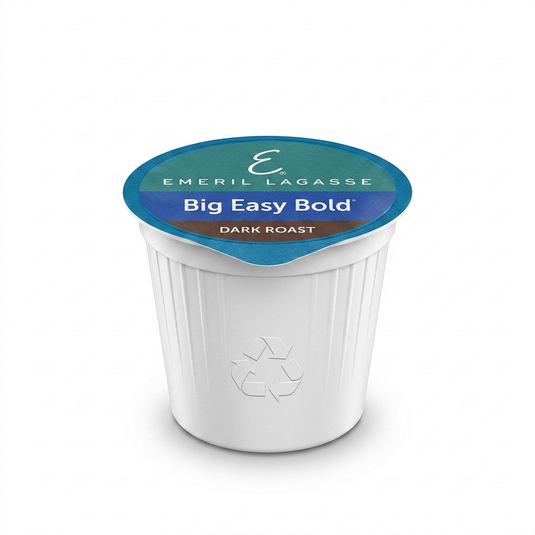 A high-resolution, centered view of an individual Emeril Lagasse Big Easy Bold dark roast K-Cup pod against a pure white background, showcasing its shape, foil lid branding, and textured sides.