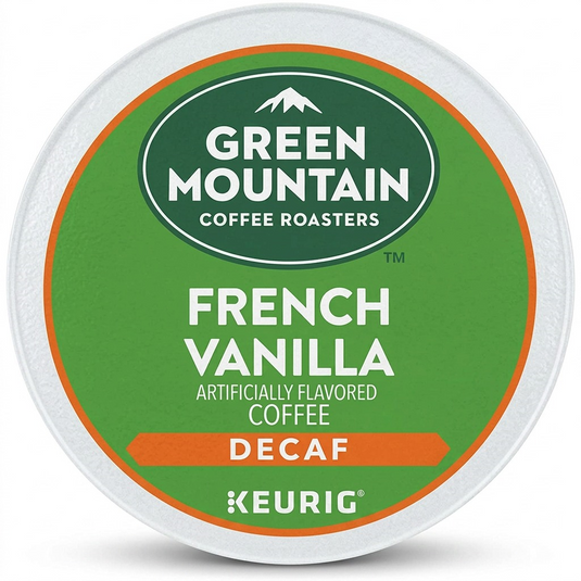 A high-resolution, centered photograph of a single Green Mountain French Vanilla Decaf Keurig K-Cup, exactly as referenced, on a pure white background with a clean, sharp product edge. The K-Cup's green label, the specific 'Green Mountain Coffee Roasters' and 'Keurig' logos, 'FRENCH VANILLA' and 'DECAF' text, and orange bordering are perfectly reproduced. realistic studio lighting without added text, packaging, or props. Perfect for a clean ecommerce hero shot.