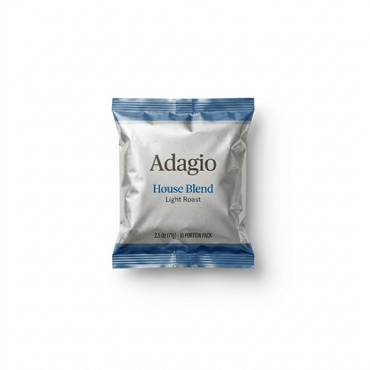 High-resolution centered product shot of a Keurig Adagio House Blend coffee packet on white background.