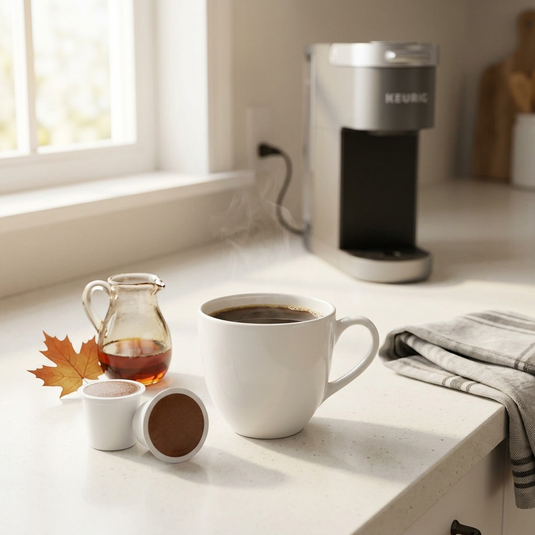 Lifestyle photo showing a white mug filled with black coffee in a neutral kitchen, with realistic texture.
