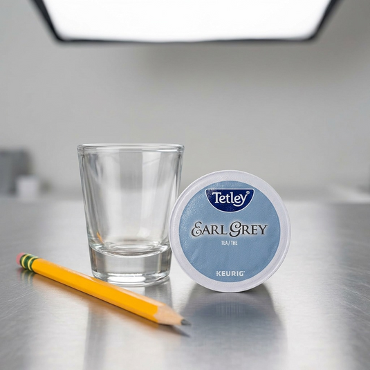 Scaleshot: a single canonical Tetley Earl Grey K-Cup tea pod beside a standard 1-ounce shot glass.