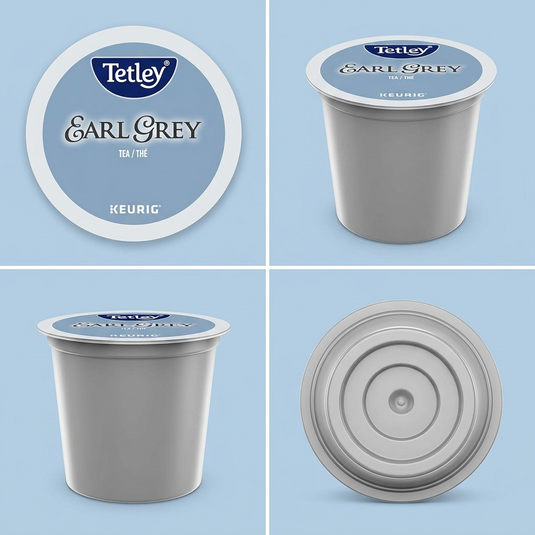 A clean e-commerce visual matrix showing the Tetley Earl Grey K-Cup product from four angles in a 2x2 grid.