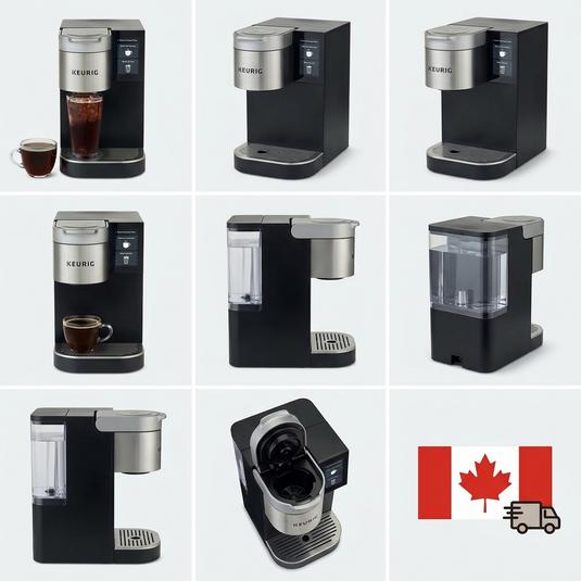 A 3x3 grid showing a black Keurig K2550 commercial coffee maker from eight different angles on a light grey background. A cup of coffee and an iced drink are shown near the machine, with a large Canada flag and shipping truck in the bottom right corner.