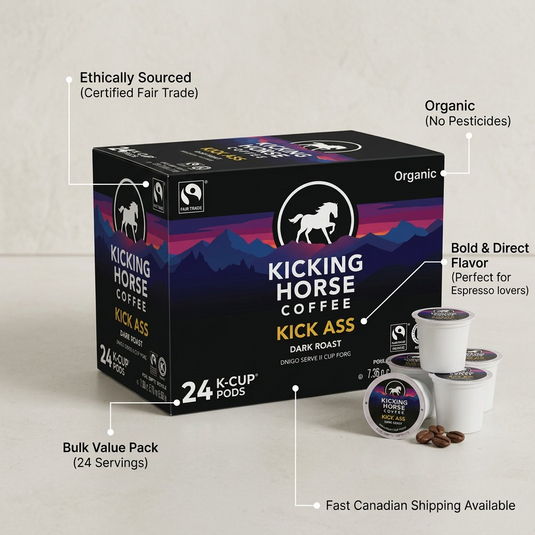 Callout graphic for Kicking Horse 'Kick Ass' 24-count, showcasing organic, Fair Trade, and bold flavor benefits.