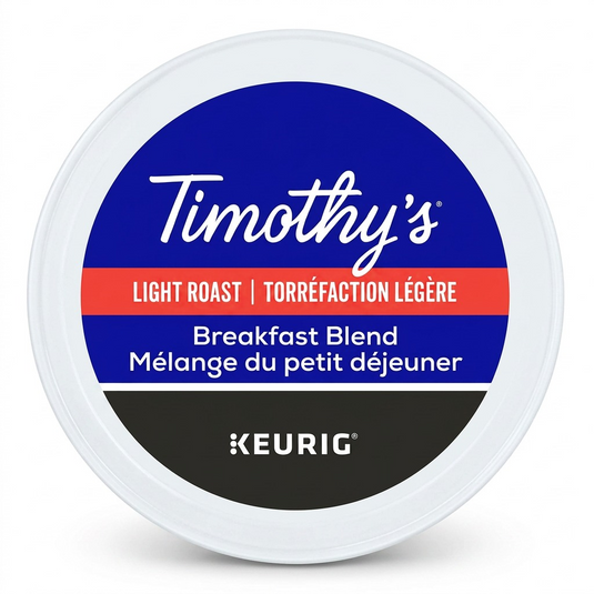 Pure high-resolution hero shot of a single Timothy's Breakfast Blend K-Cup, exactly as referenced in image_0.png, centrally positioned on a pure white background with a subtle, soft shadow, suitable for a Shopify product page. All label details, colors, and the Keurig logo are sharp and clear.