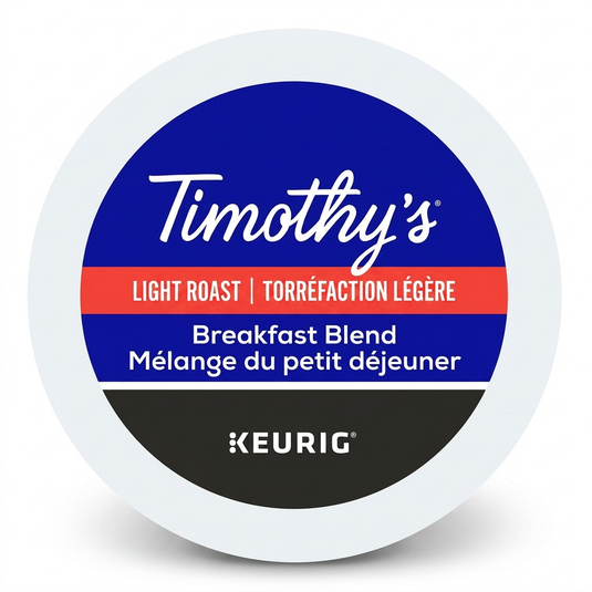A high-resolution, centered photograph of a single Timothy's Breakfast Blend Keurig K-Cup, as seen from a top-down view, featuring all specific text and logos: Timothy's script, Light Roast, Breakfast Blend, and Keurig, against a pure white background.