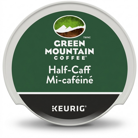 Hero shot of a Green Mountain Coffee Half-Caff K-Cup pod for Keurig brewers.