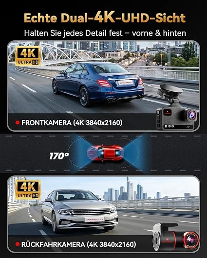 4K+4K Dash Cam Front and Rear, Free 128GB Card Included, 5.8GHz WiFi