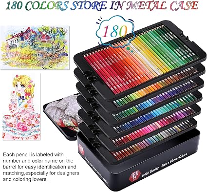 Crayons de couleur, Ensemble de 180 crayons de couleur professionnels à mine tendre