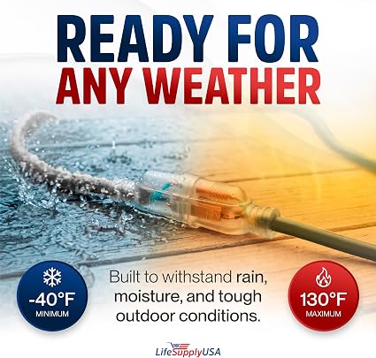LifeSupplyUSA 50ft Heavy-Duty 14/3 Outdoor Extension Cord, 15A
