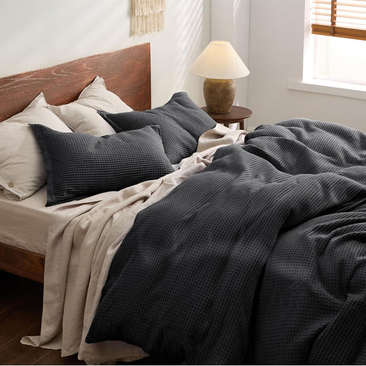 Housse de Couette Bedsure PureWoven King en Coton Pur Gaufré, 3 Pièces, Gris Foncé