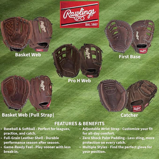 Rawlings Player Preferred Baseball Glove, Regular, Slow Pitch Pattern, Basket-Web
