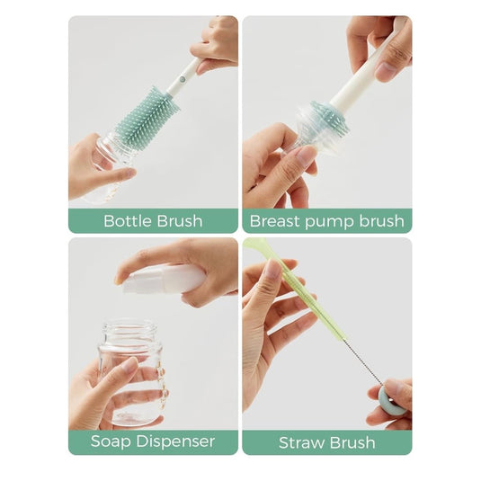 Momcozy 7-in-1 Bottle Brush Set with Drying Rack for Home & Travel, Green