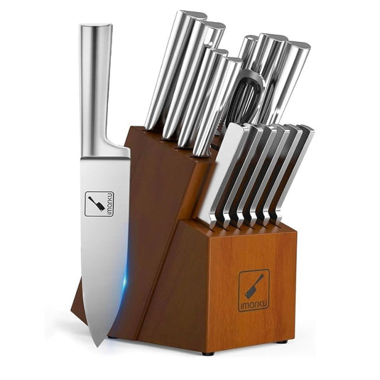 imarku 15-Piece Japanese Stainless Steel Knife Set with Block & Sharpener